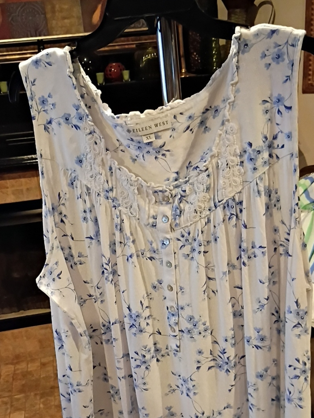 Eileen West White Nightgown with Blue Floral Print